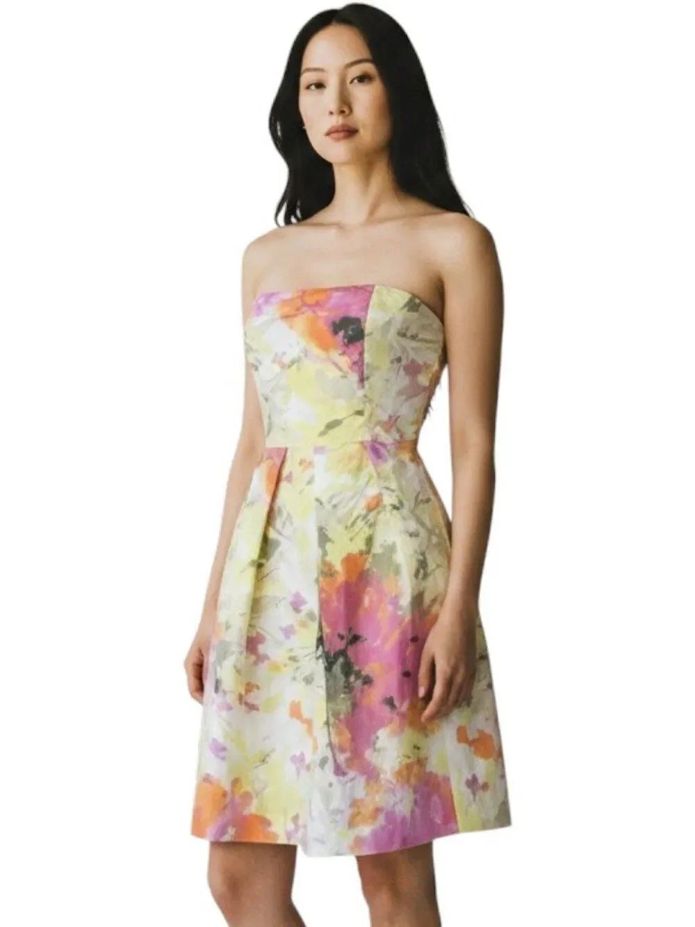 J Crew Strapless Watercolor Floral Cotton Pleated Fit Flare Summer Dress Size 0